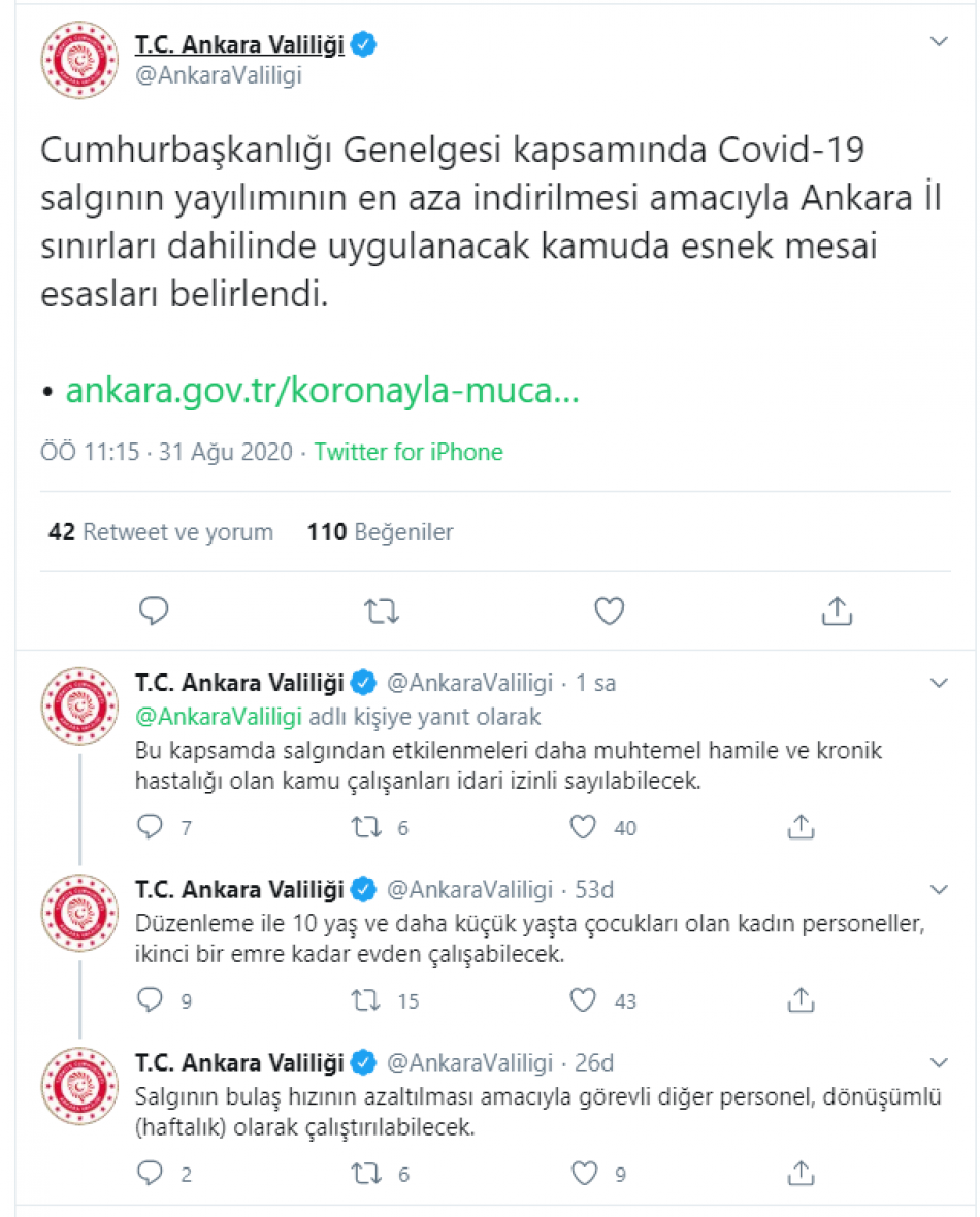 Ankara Valiliğinde 10 yaştan küçük çocuğu olan memurlara evden çalışma izni