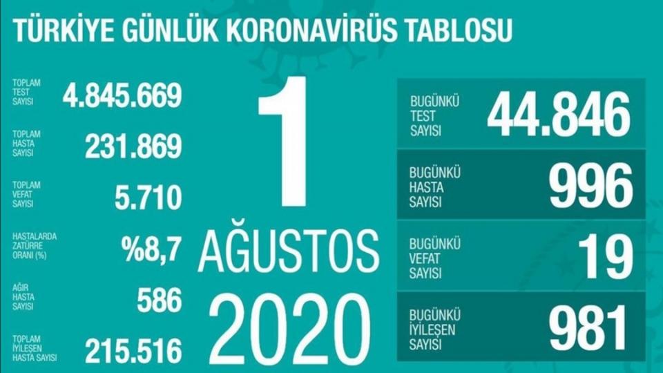 1 Ağustos Koronavirüs (coronavirüs) Türkiye tablosu Vaka ve ölüm sayısı: İstanbul, Ankara ve tüm bölgelerin günlük corona virüs vaka sayıları